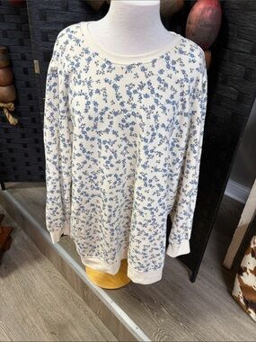 torrid Cream Crewneck Sweater with Blue Floral Print